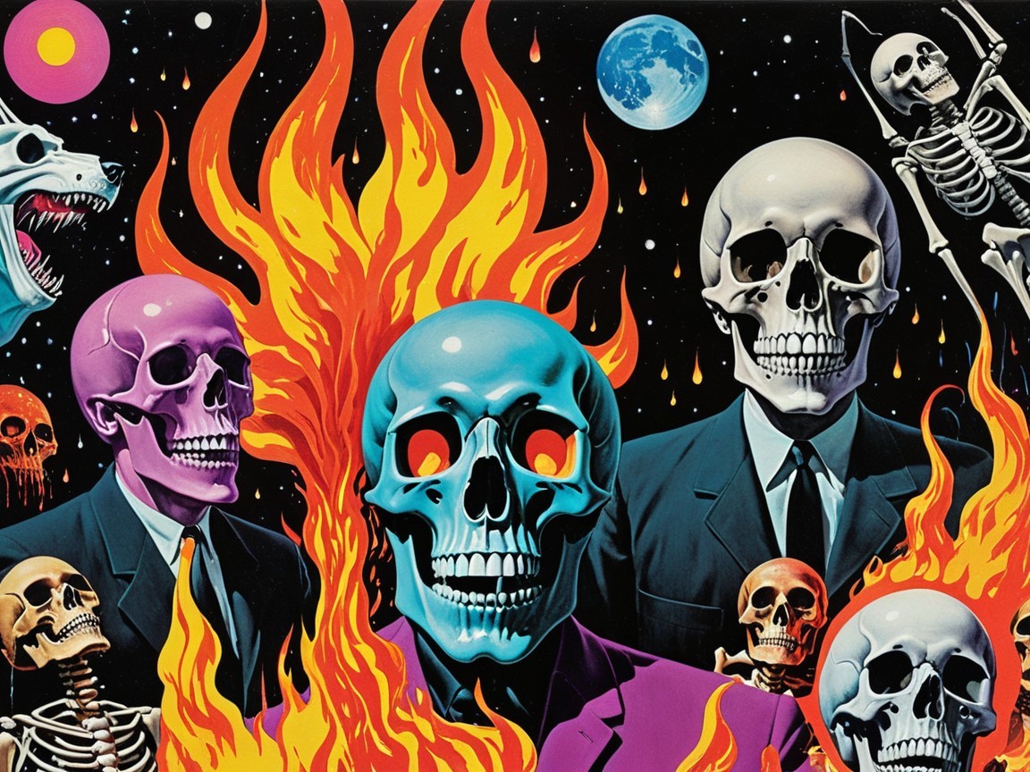 Surreal Composition of Skulls and Skeletons in Flames