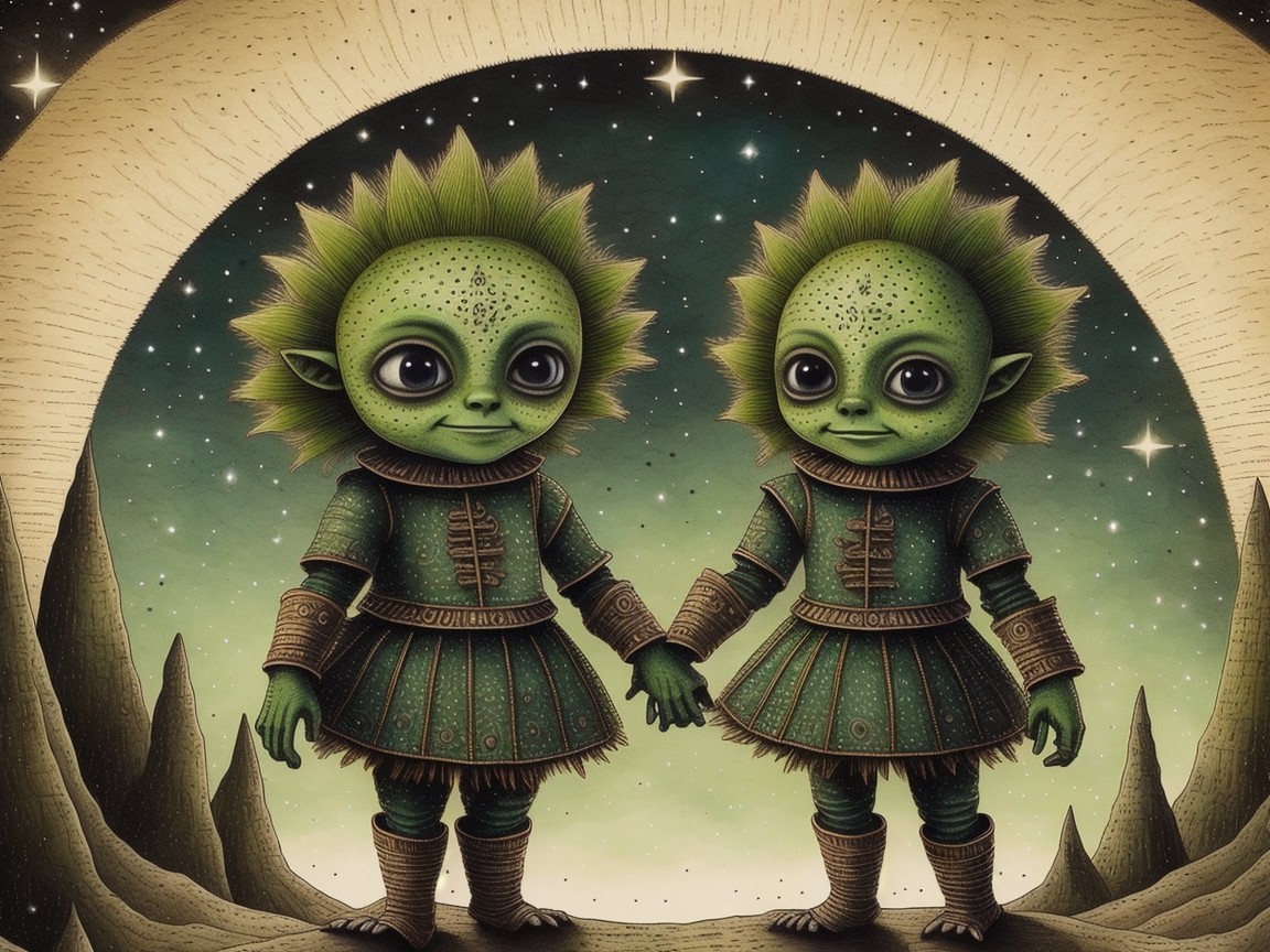 Whimsical Green-Skinned Alien Children Under Stars