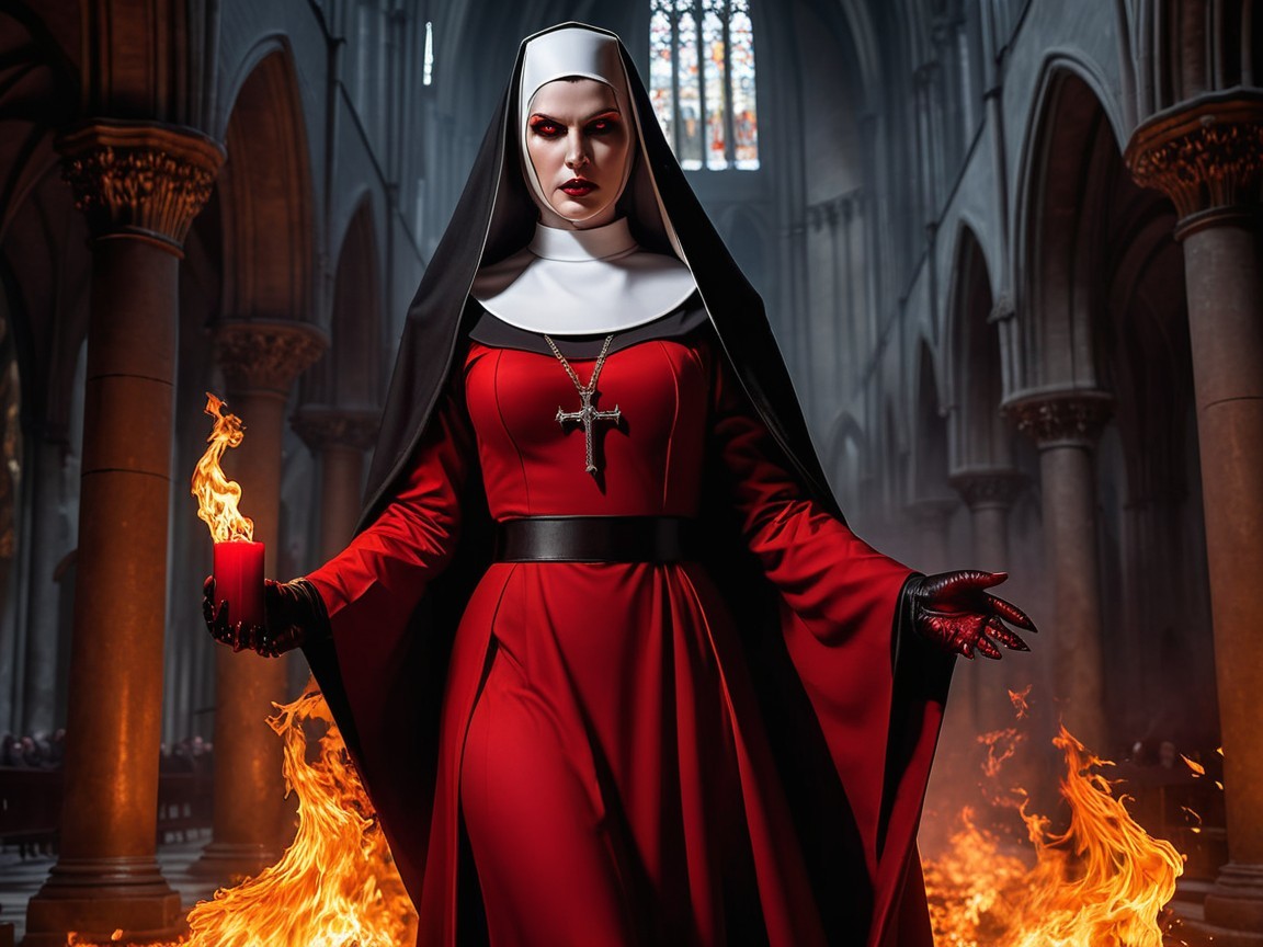Nun in Red Robe Amidst Cathedral Flames