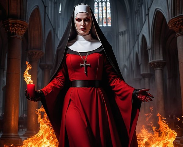 Nun in Red Robe Amidst Cathedral Flames