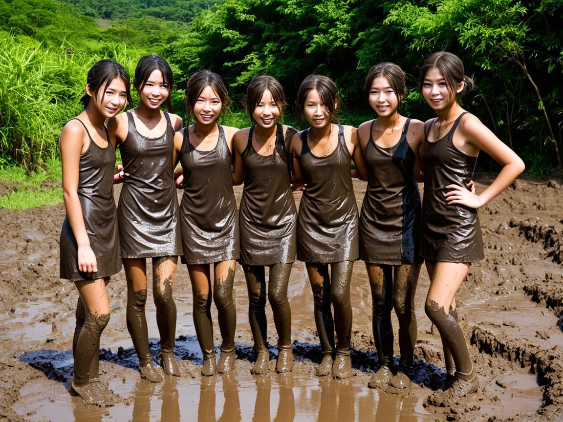 Group of Young Women in Matching Dresses Outdoors