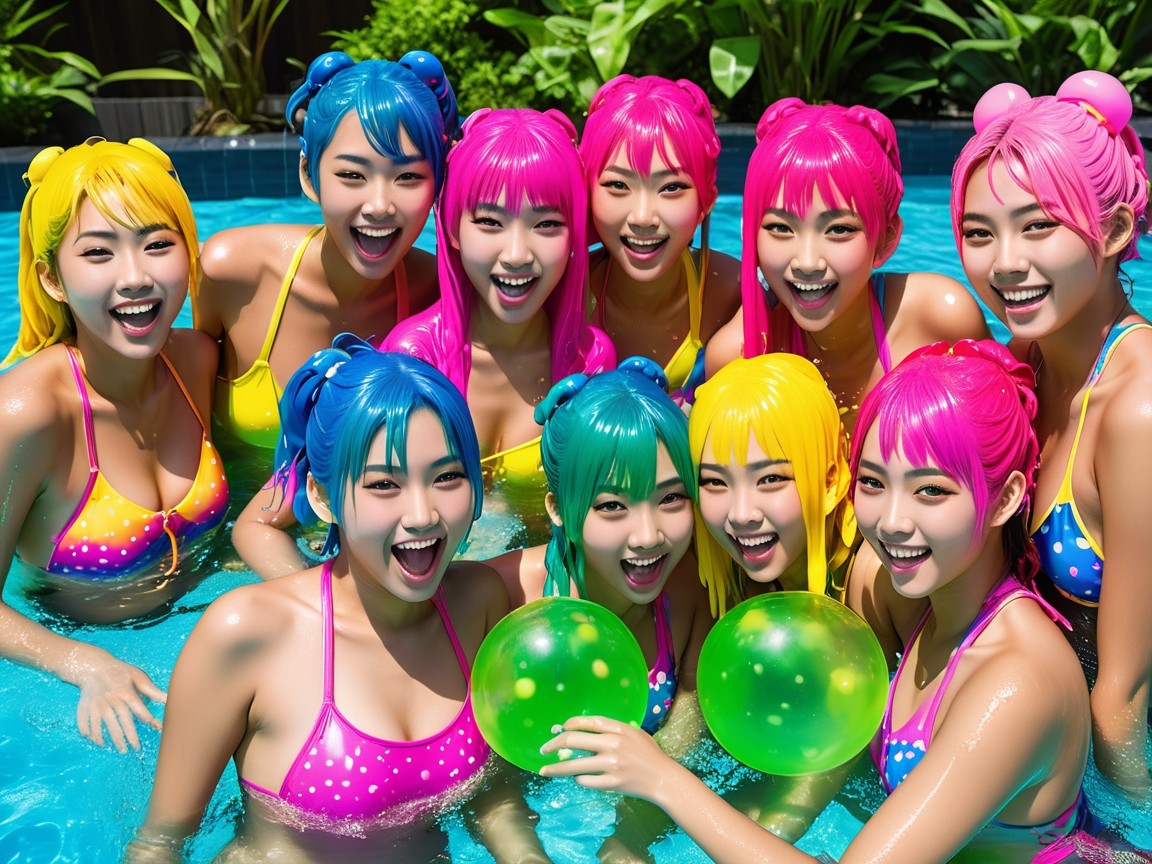 Group of Young Women in Colorful Bikinis by Pool