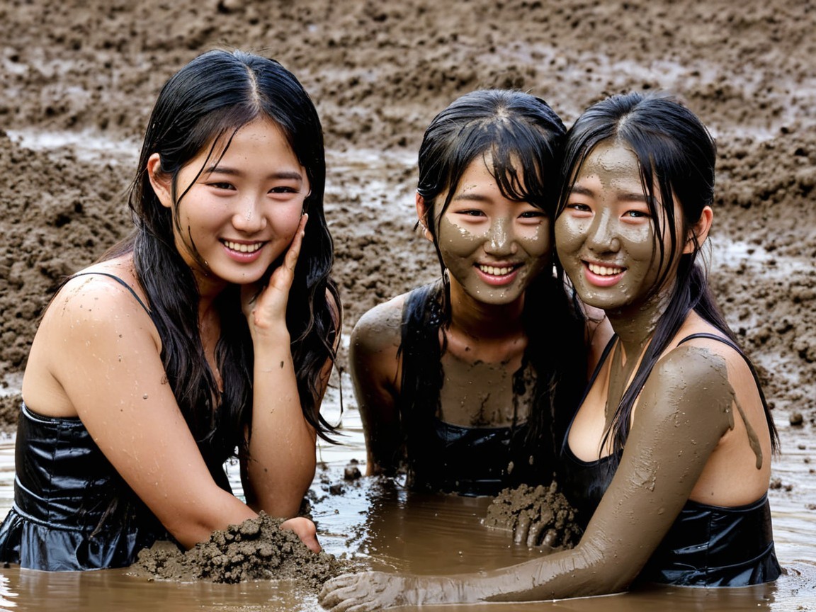 Young Women Playfully Posing in Muddy Outdoor Pit