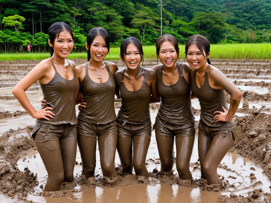 Young women in brown outfits play in muddy rice field