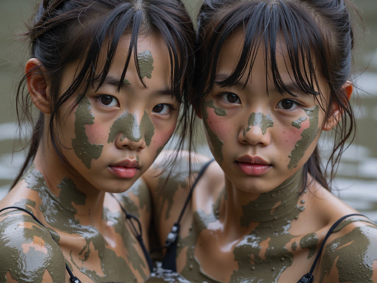 Young girls with mud patterns in serene nature scene