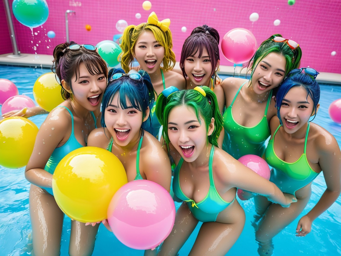 Group of Young Women in Colorful Swimsuits at Pool