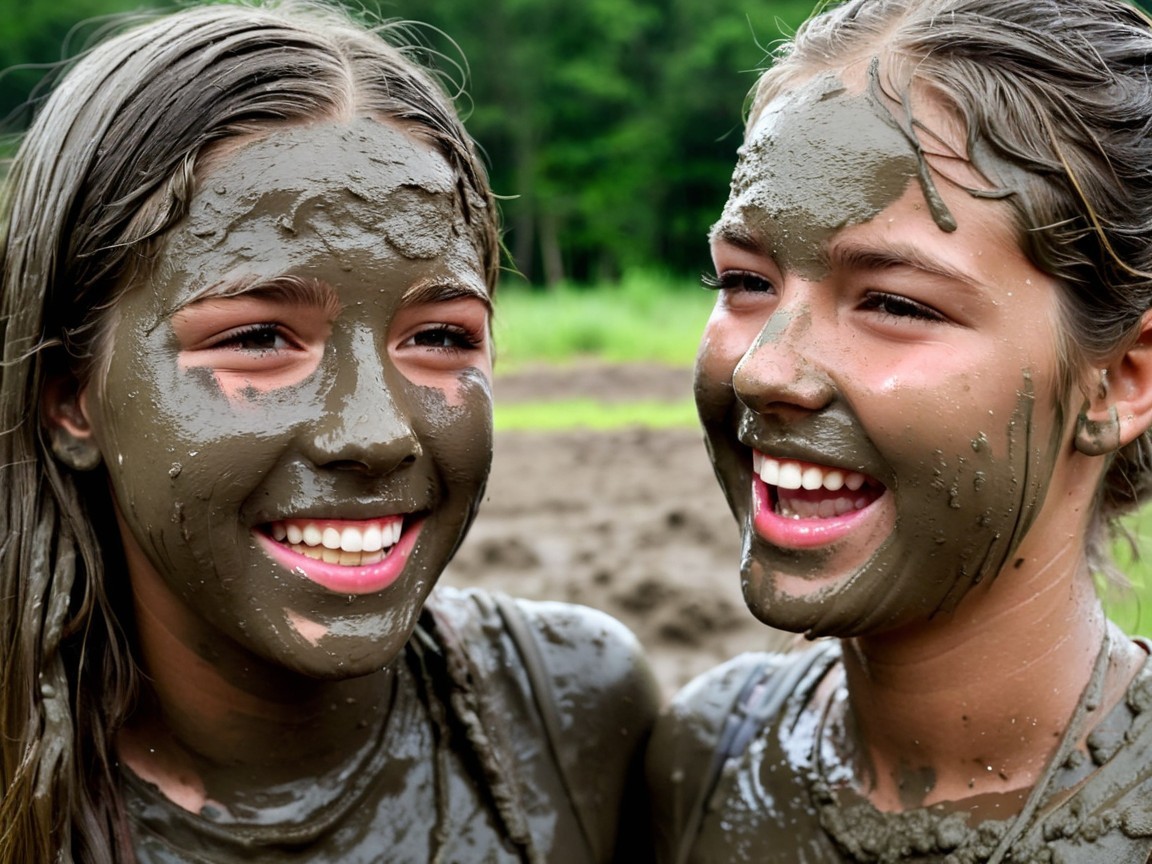 Girls with muddy faces in a playful outdoor setting