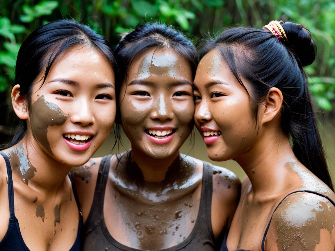 Young women playfully posing in mud outdoors