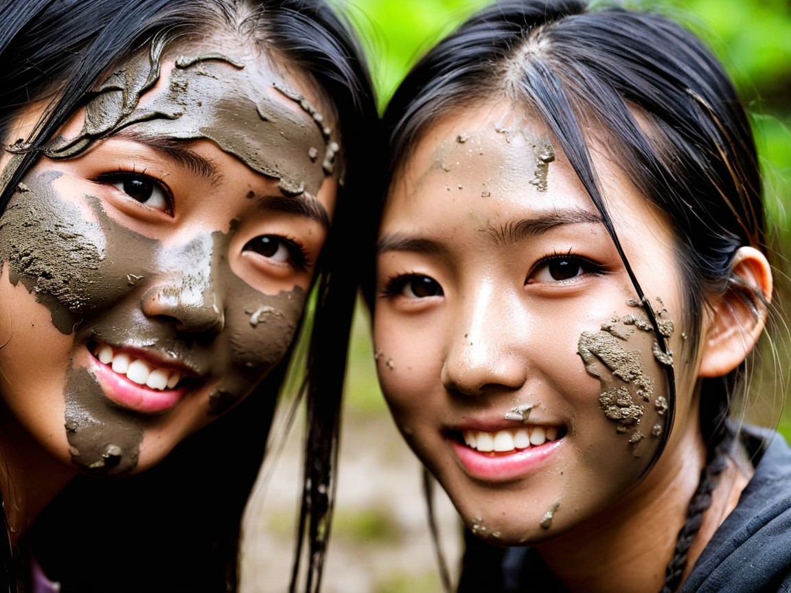 Girls with mud masks smiling in a green outdoor setting