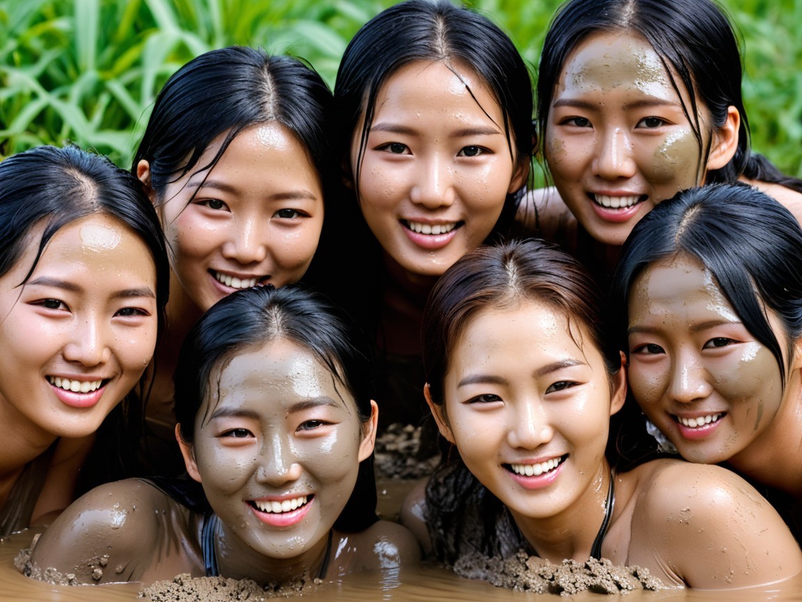 Group of Young Women Smiling in Muddy Natural Setting
