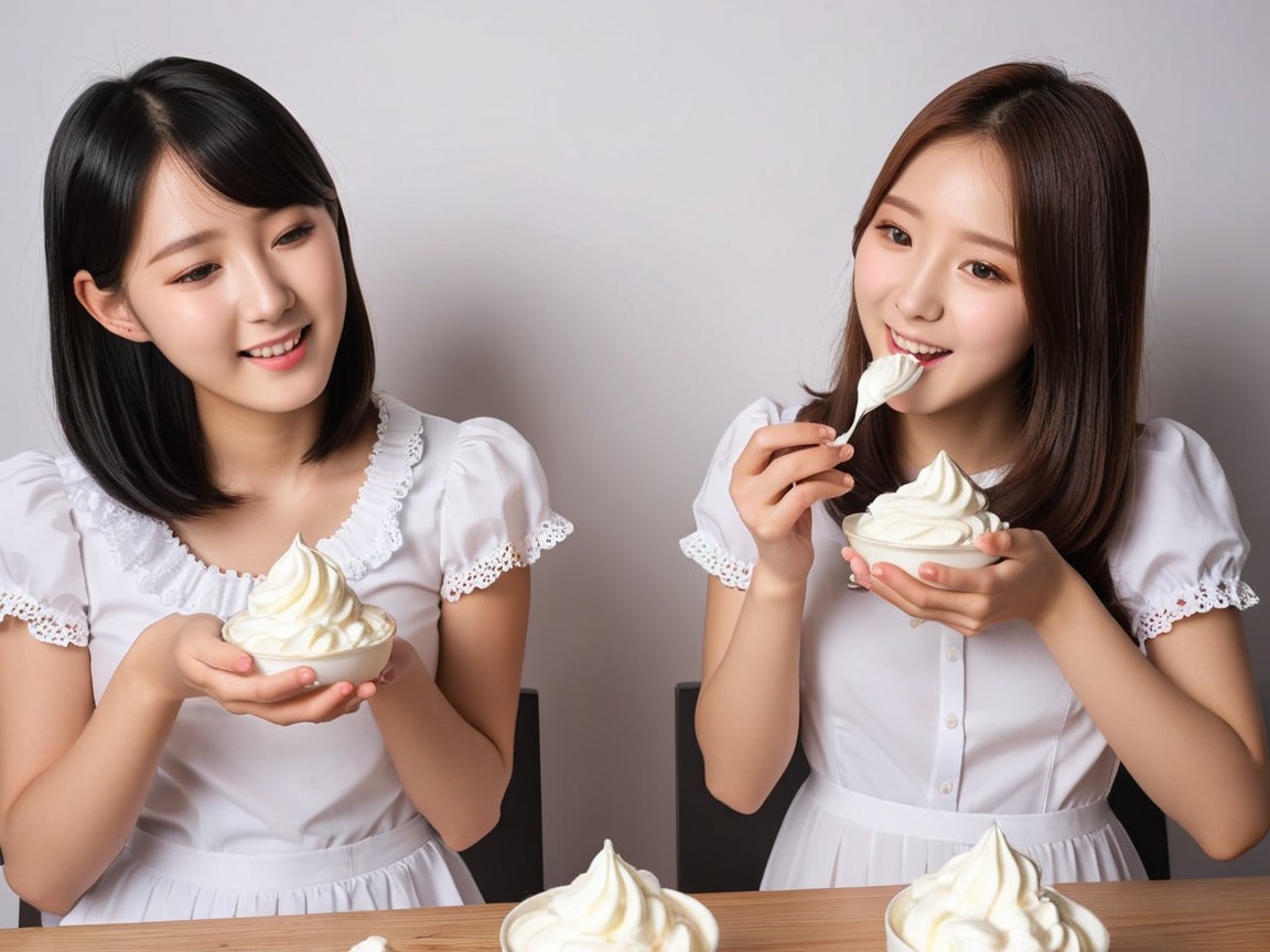 Young women in white dresses enjoying creamy dessert
