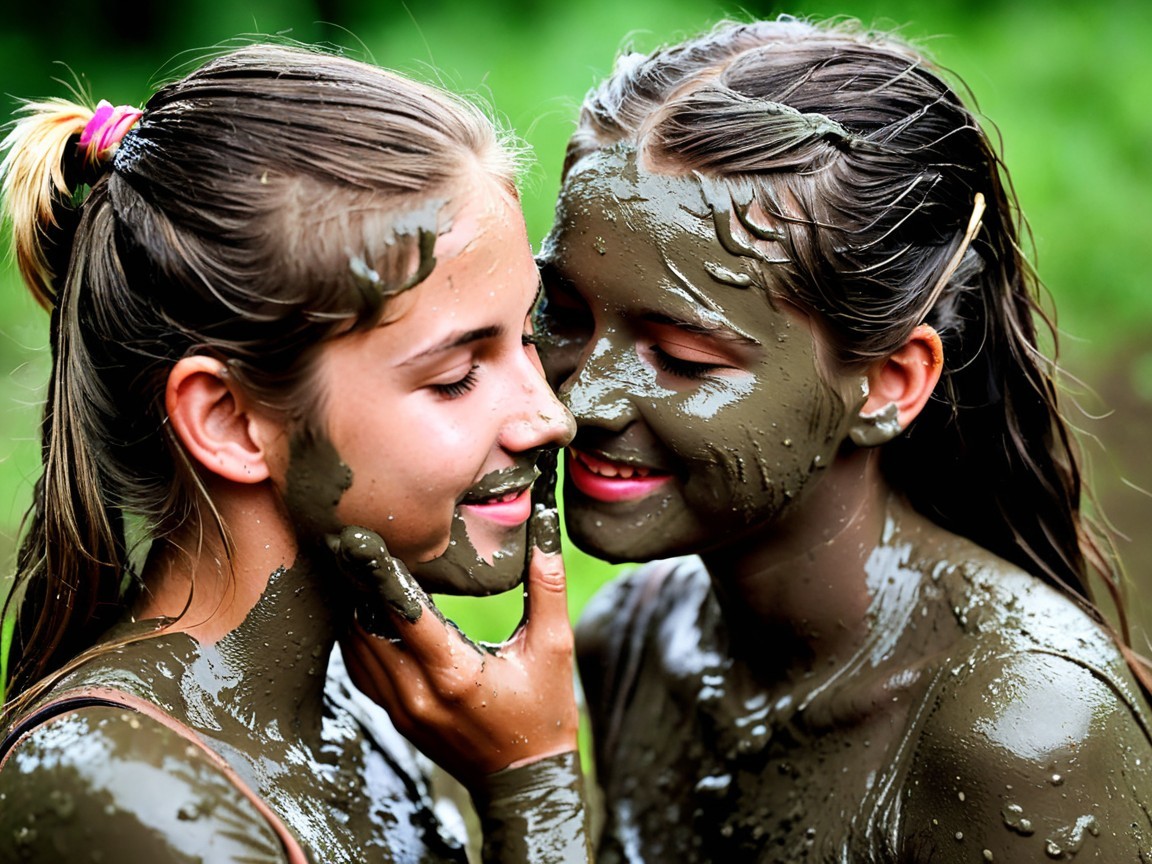 Young girls joyfully playing in mud amidst greenery
