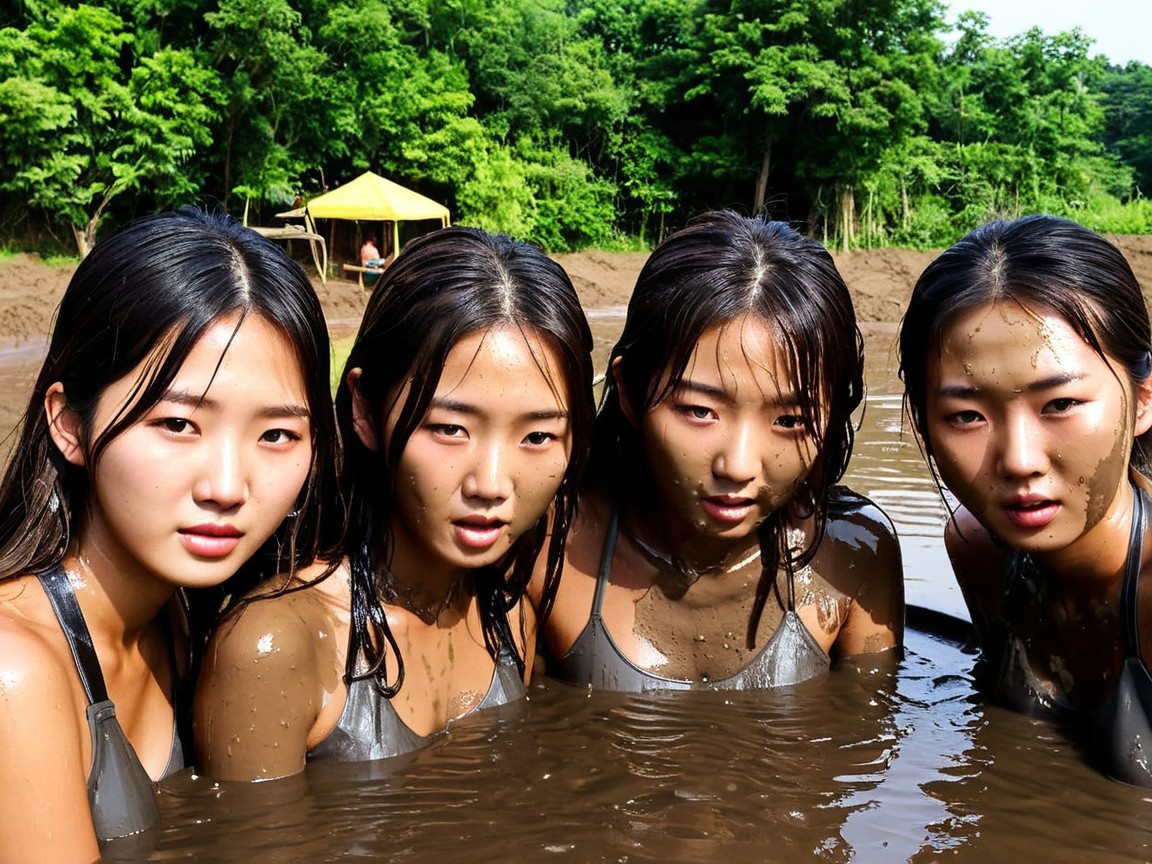 Young women in muddy water with green trees backdrop