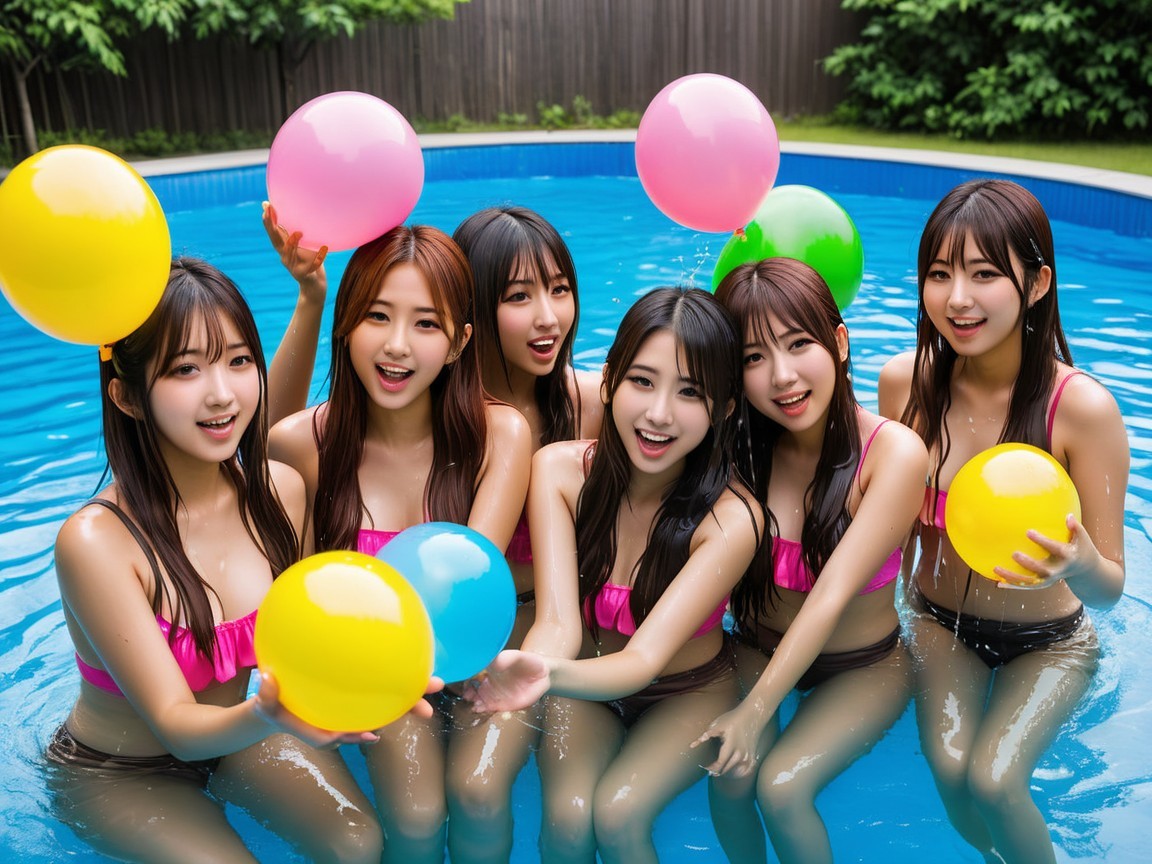 Young women in pink swimwear at a sunny pool party