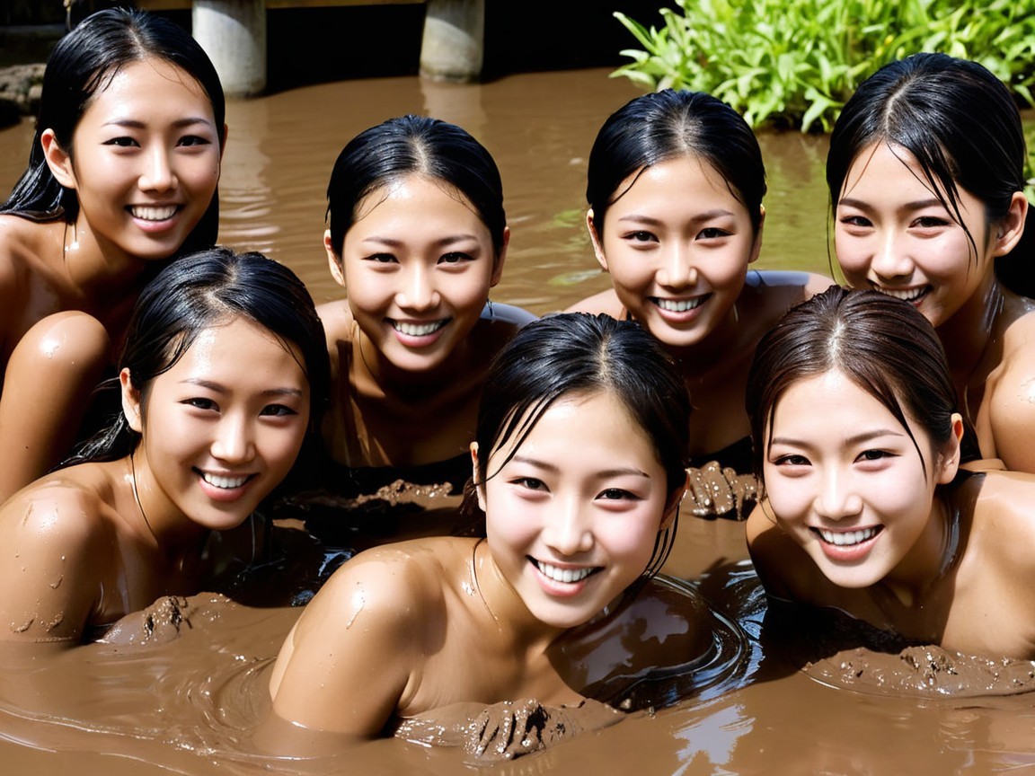 Group of Young Women Smiling in Muddy Water