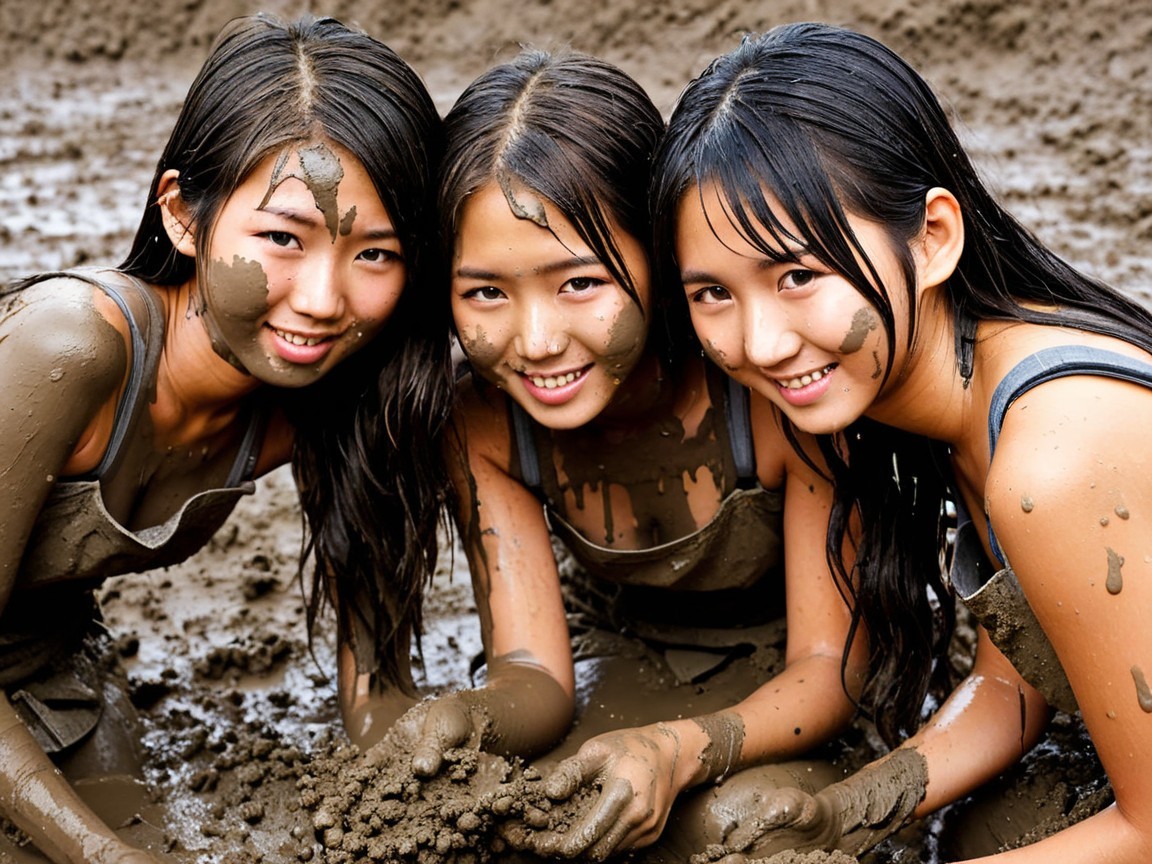 Young girls playing joyfully in muddy outdoor setting