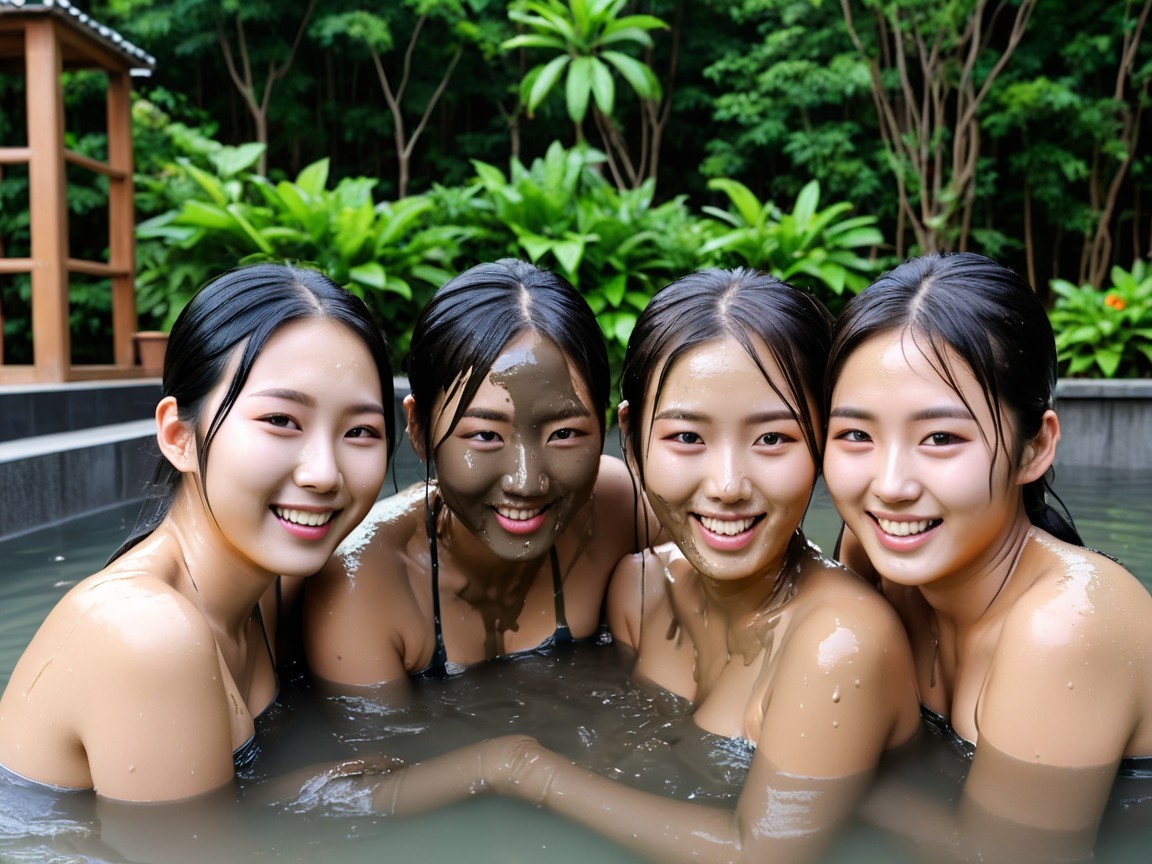 Young women enjoying a natural hot spring experience