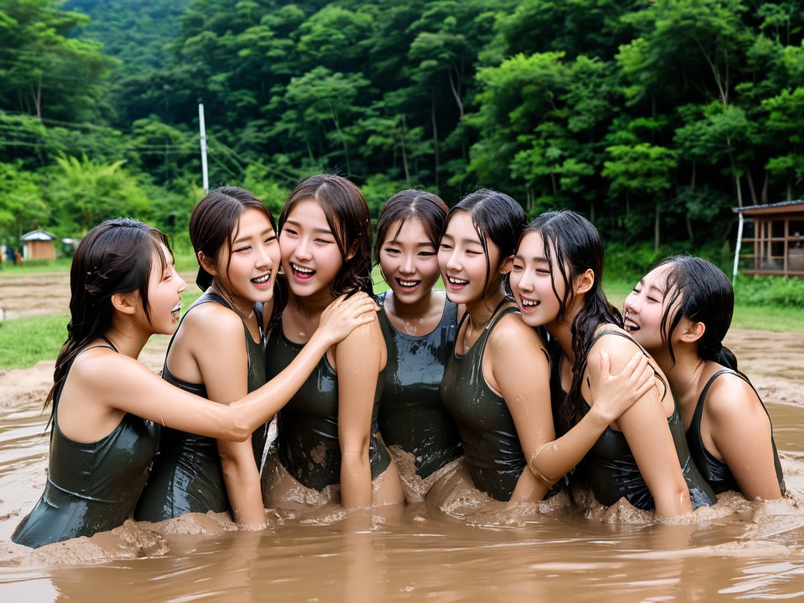 Group of Young Women Playing in Muddy Water