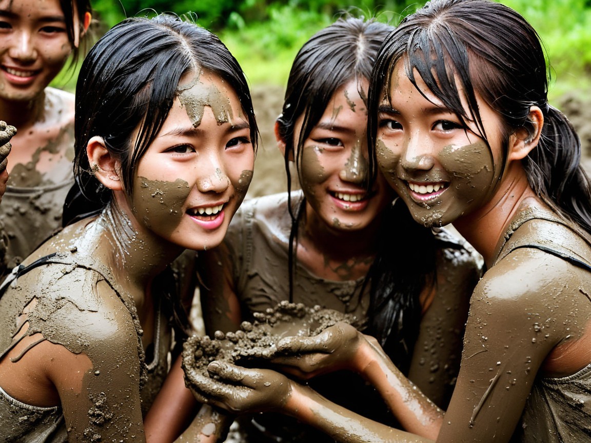 Young girls joyfully covered in mud outdoors