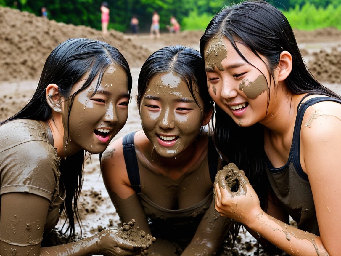 Young girls playing joyfully in muddy outdoor setting