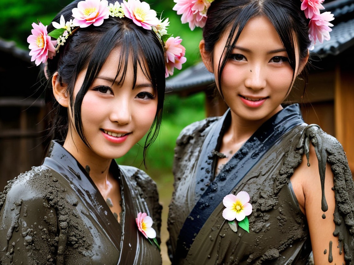 Young Women in Traditional Attire with Floral Hair Decor