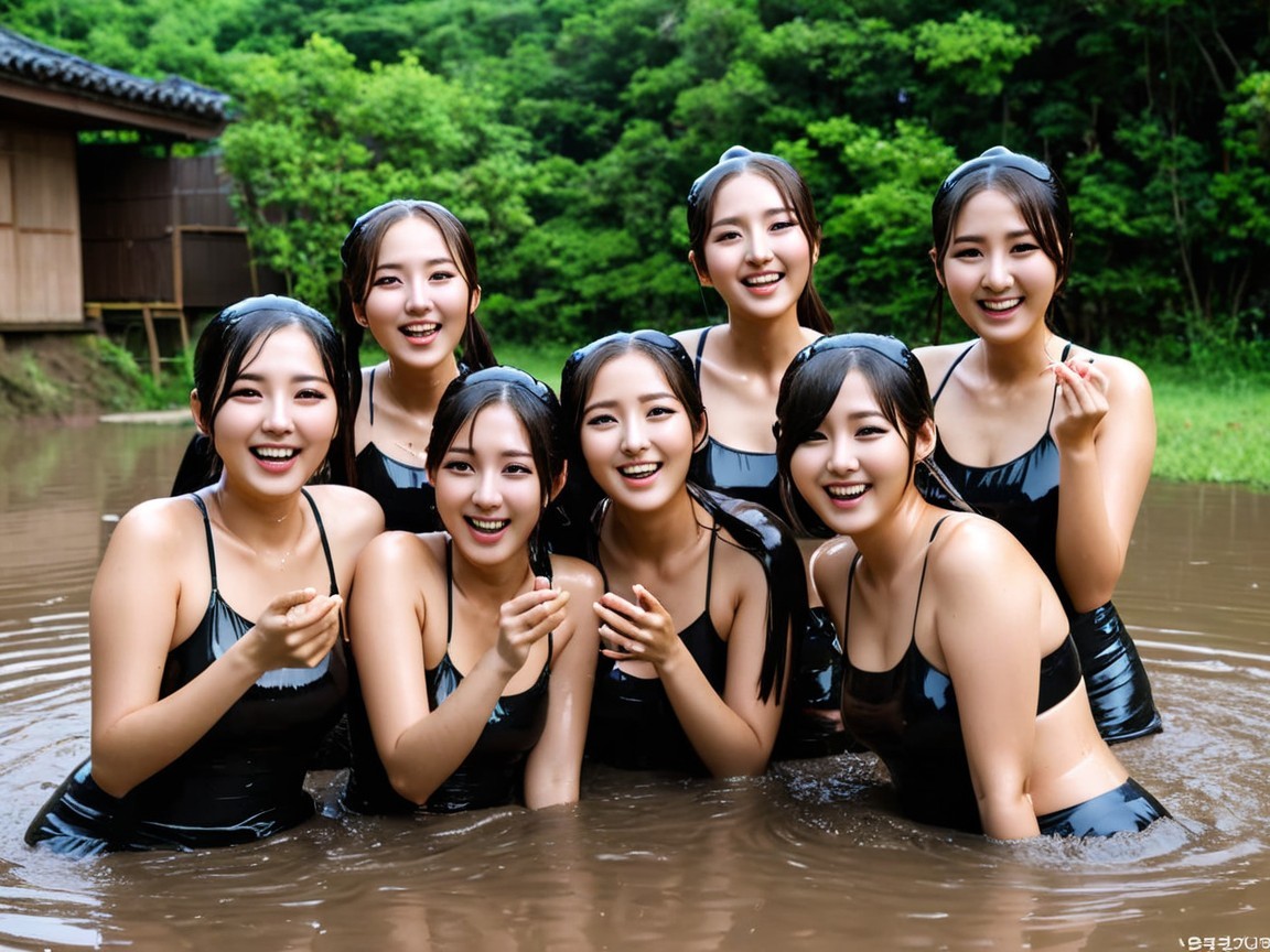 Young Women in Black Swimsuits Play in Muddy Pool