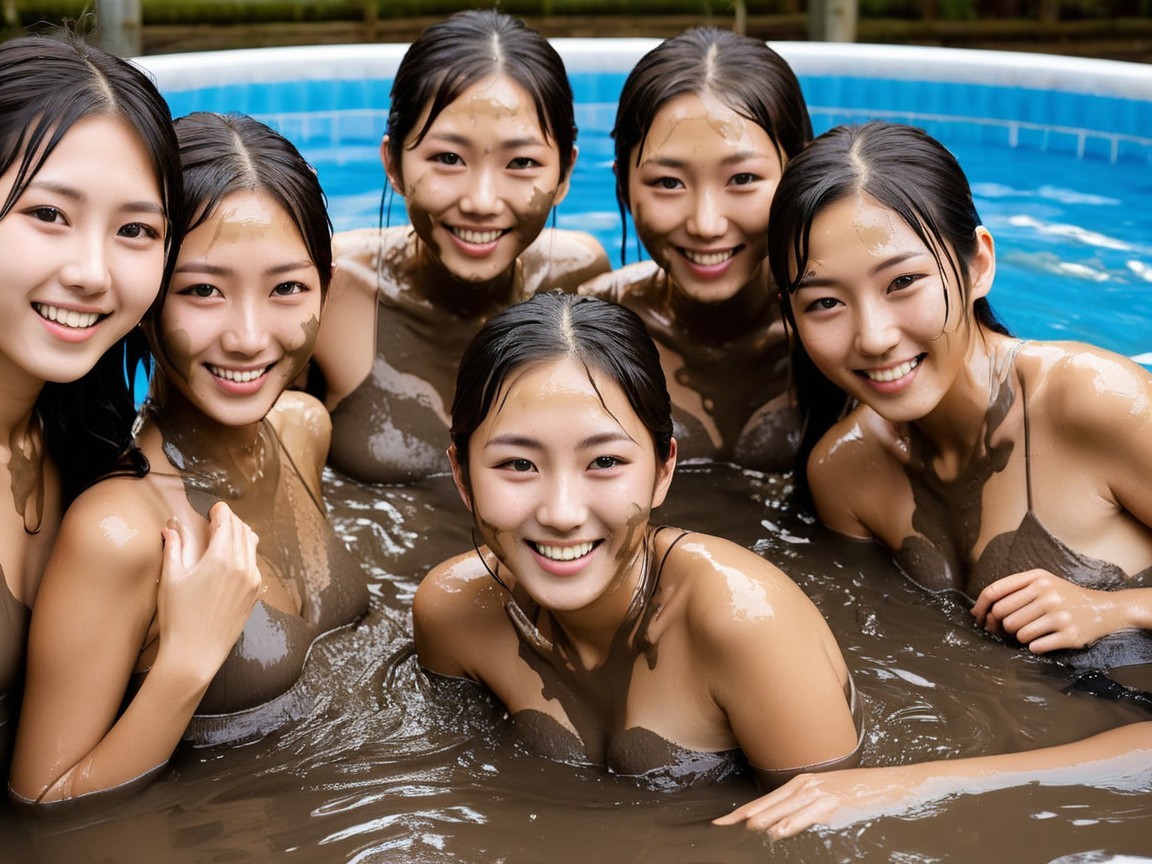 Group of Young Women Playing in Muddy Pool