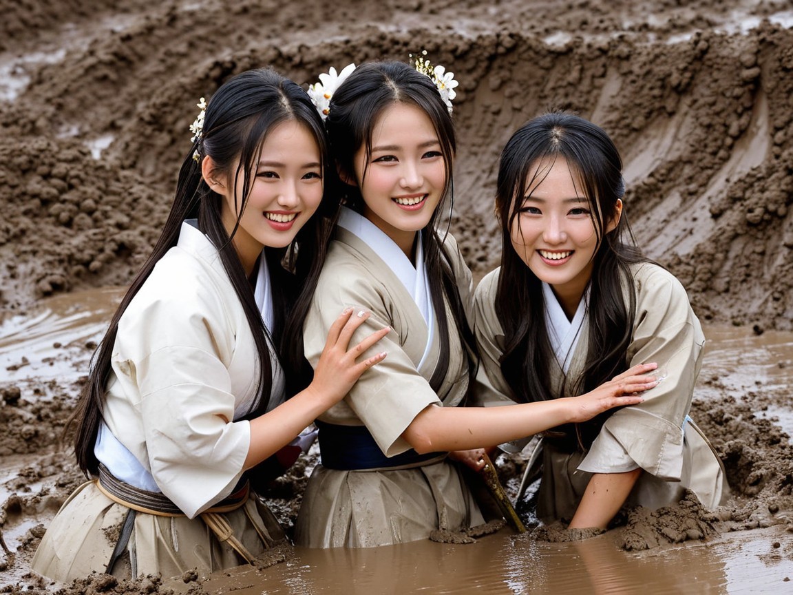 Women in Traditional Attire in a Muddy Field