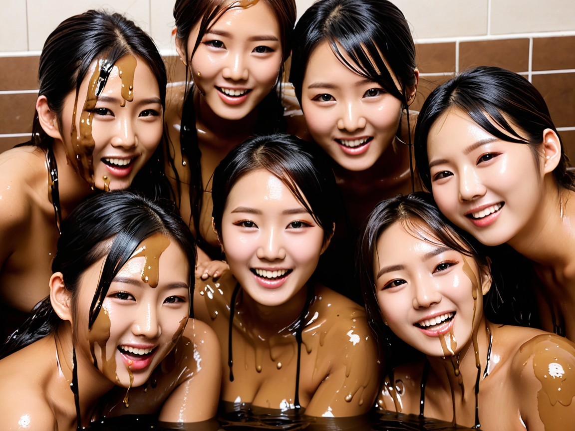 Group of Seven Women Surrounded by Chocolate Substance