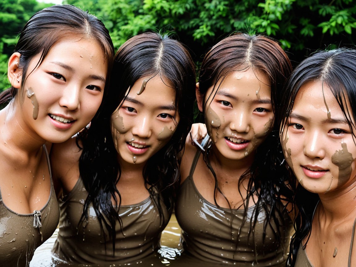Girls in Brown Swimsuits Play in Muddy Outdoor Scene