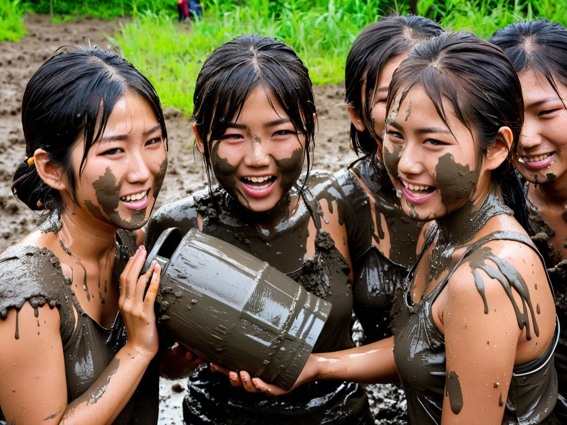 Young women enjoying a playful moment in a muddy field