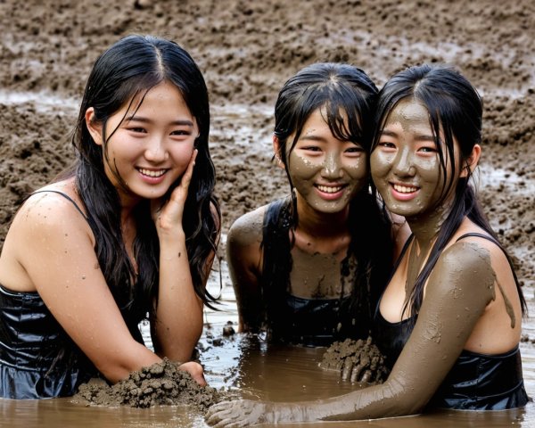 Young Women Playfully Posing in Muddy Outdoor Pit