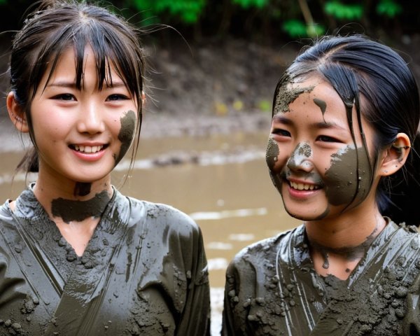 Young Girls Playfully Covered in Mud Outdoors