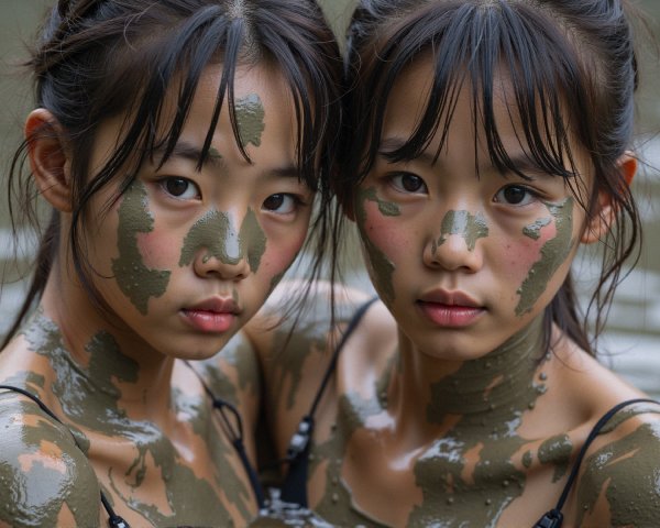 Young girls with mud patterns in serene nature scene