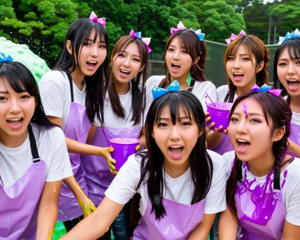 Group of Young Women in Colorful Aprons with Bowls