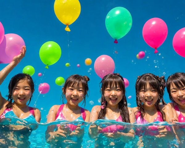 Joyful girls playing in a colorful swimming pool
