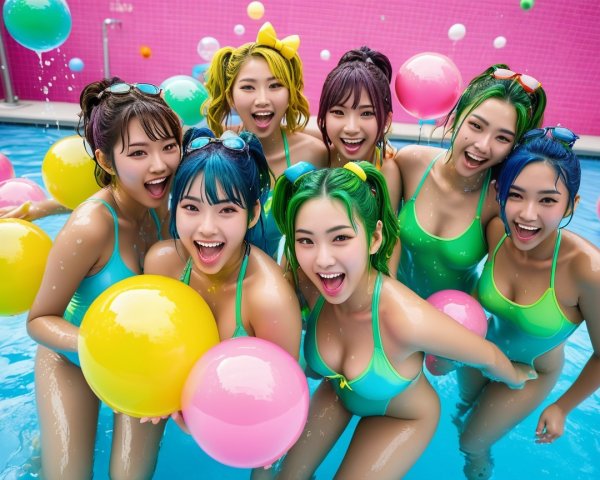 Group of Young Women in Colorful Swimsuits at Pool