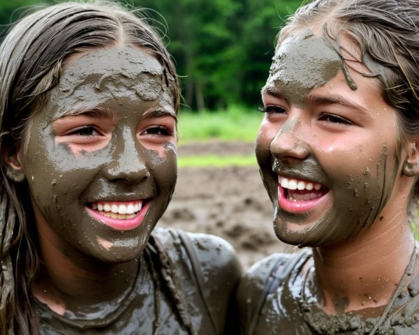 Girls with muddy faces in a playful outdoor setting