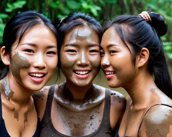 Young women playfully posing in mud outdoors
