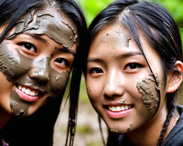Girls with mud masks smiling in a green outdoor setting