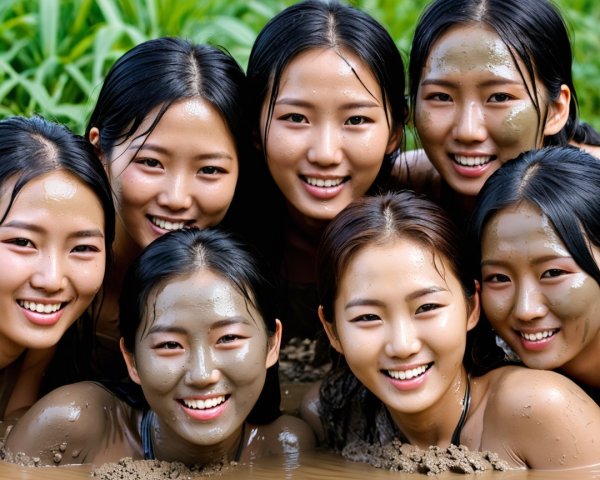 Group of Young Women Smiling in Muddy Natural Setting