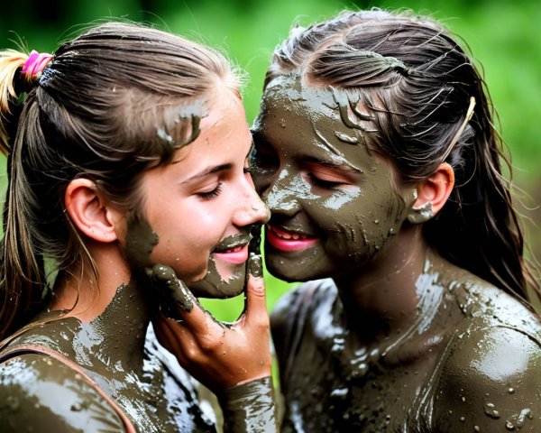 Young girls joyfully playing in mud amidst greenery