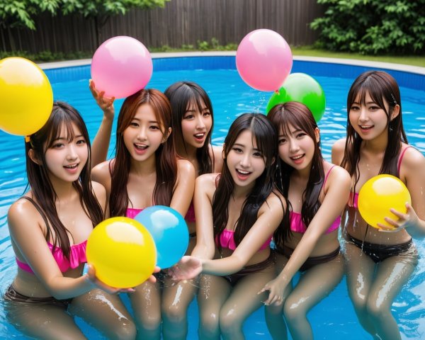 Young women in pink swimwear at a sunny pool party