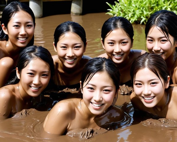 Group of Young Women Smiling in Muddy Water