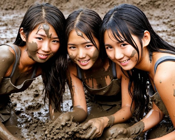 Young girls playing joyfully in muddy outdoor setting