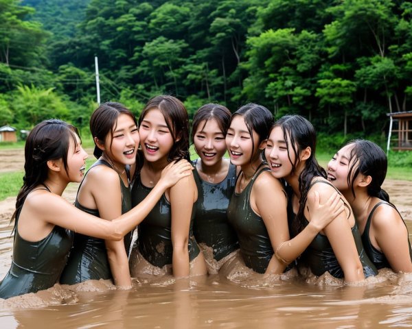 Group of Young Women Playing in Muddy Water
