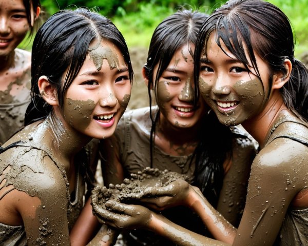 Young girls joyfully covered in mud outdoors