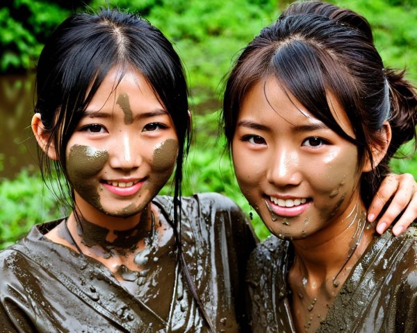 Joyful young women with mud smiles in nature