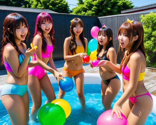 Vibrant Summer Pool Scene with Young Women in Bikinis