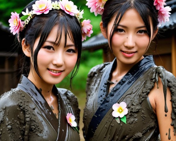 Young Women in Traditional Attire with Floral Hair Decor